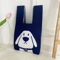 Cute dark blue knitted tote bag with a white cartoon dog pattern and integrated handle - Navy Big Ear Dog