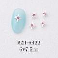 Detailed view of silver alloy star nail charms with pink crystal, size 6x7.5mm - Silver Pink Rhinestone Style (A422)