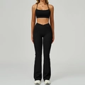 Ensemble de yoga noir pour femme avec leggings évasés à taille en V et brassière - Noir Premium (Soutien-gorge + Pantalon Évasé)