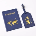 Detail view of blue PU leather passport holder and luggage tag set with gold world map - Dark Blue Map