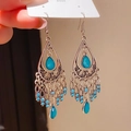 Detailed view of bohemian teardrop earrings with turquoise stones and silver chain tassels - Style 9# Ear Hook-Silver-Blue