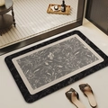Absorbent diatomite bath mat with white floral pattern and black border in grey finish - Thin Style / 40*60cm / Zhiyue - Rectangular with Rounded Corners