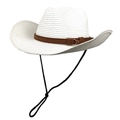 Detail of white woven straw cowboy hat featuring brown suede band and black wind rope - M (56-58cm) / Pure White