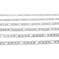 Silver Figaro 3:1 stainless steel chains in six different widths on white background - Steel Color 0.8mm Wire 3mm Width