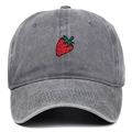 Detailed view of red strawberry embroidery on dark gray washed cotton baseball cap - Gray