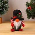Dettaglio di uno gnomo di Natale con cappello scozzese e bastoncino di zucchero su legno - Ornamento di Gnomo Pupazzo di Neve in Piedi