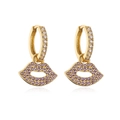 Gold plated hoop earrings featuring micro-pave purple zircon lip-shaped pendants - Purple Zirconia Lips