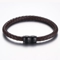 Men's dark brown woven leather bracelet with polished black magnetic clasp closure - Brown (KB115246-KFC)