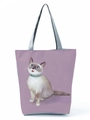 Detail of lavender tote bag with cute cartoon Siamese cat illustration and silver handles - Siamese Cat Illustration (hl3556)
