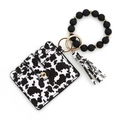 Cow print silicone bead keychain wallet set with black leather card holder and tassel - Black White Cow Print
