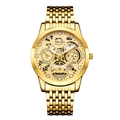 Skeleton luxury gold men's watch with stainless steel band and 500M waterproof features - 9-Bead Gold Strap Skeleton Gold Dial