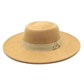 Detail view of khaki wool felt flat top hat with matching grosgrain ribbon band - M (56-58cm) / Camel
