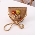 Detail of hand-woven straw crossbody bag with colorful crochet flowers and ladybug decor - Khaki Ladybug Three Flower