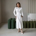 French style white polo neck knit dress with black contrast trim and long sleeves - S / White