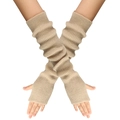 Warme khakifarbene lange Strickhandschuhe für Damen mit Rippmuster und Daumenloch - Beige