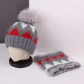 Grey knit winter set featuring red and white geometric patterns with faux fur pompom - No.13-Grey & Red Geometric Knit Set