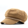 Elegante gorra de repartidor kaki con detalles decorativos de perlas y cadena dorada - M(56-58cm) / Camel