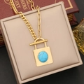 Detail of gold necklace with turquoise lock pendant and T-bar clasp on jewelry box - 1# Necklace
