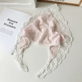 Pink pleated triangle headscarf with white lace trim and pom-pom tassel details - Pink