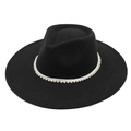 Detailed close-up of a black wide-brim wool hat with elegant white pearl bead trim decoration - M(56-58cm) / Black