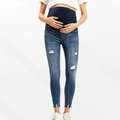 Detailed view of maternity jeans featuring a high elastic belly band and distressed ripped knees - Adjustable Waist (NZ008)