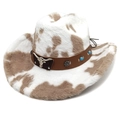 Détail du chapeau de cow-boy en peluche à motif vache avec bande en cuir ornée - M (56-58cm) / Couronne Droite Kaki