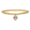 Close-up of golden beaded bracelet with purple enamel evil eye heart charm and pavé crystals - Purple