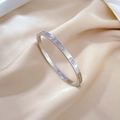 Detailed close-up of a silver titanium steel evil eye bangle on a silk background - Steel