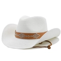 Classic white straw cowboy hat with studded brown leather band and adjustable chin strap - M (56-58cm) / Pure White
