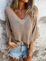 Damen Strickpullover mit V-Ausschnitt und Lochmuster in Taupe mit weiten Ärmeln - 3XL / Dunkelaprikose