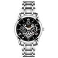 Men's mechanical watch with black skeleton dial and silver stainless steel strap - Silver Black Luminous