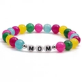 Colorful agate beaded MOM bracelet with round letter beads and metallic spacers on white back - MOM Letter Style