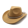 Detail of camel wool felt western cowboy hat with star ribbon and leather tassel - M (56-58cm) / Camel