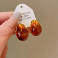 Detailed view of vintage gold-plated drop earrings with tiger eye stone and S925 silver post - Amber Teardrop Border Hoop (32#) / Brown