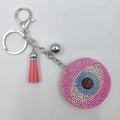 Pink Evil Eye keychain with sparkling rhinestones, pink tassel and small metal bell - Pink