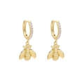 Golden bee pendant hoop earrings with white zircon accents in elegant jewelry style - Gold Bee