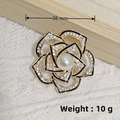 Rose brooch with black enamel, rhinestones and white faux pearl, 36mm size - KC Gold Enamel Camellia