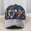Detail view of denim baseball cap with sparkling colorful rhinestone LOVE letters pattern - Style 40-Deep Blue Denim LOVE Rhinestone