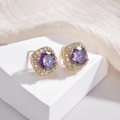 Elegantes pendientes dorados con circonita púrpura grande y halo de cristal blanco - Circón Púrpura Chapado en Oro