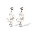 Detail of silver heart hoop earrings featuring a sparkling round crystal pendant - Silver