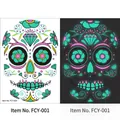 Dual-view detail of sugar skull tattoo sticker showing daytime and green luminous effect - Pattern FCY-001