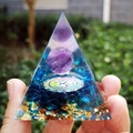 Orgone pyramid with amethyst sphere, Om symbol, blue gravel and gold foil detail - QK05 Glazed 3D / 6cm