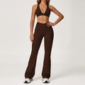 Women's chocolate brown yoga set with racerback sports bra and high-waisted flare pants - 2044 Bra + 2030-2 Flared Pants - Coffee Brown