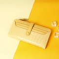 Women's long wallet in light yellow leather featuring crocodile texture and multi-card slots - Long Style / Yellow