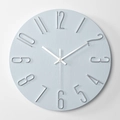 Minimalist light blue 12 inch wall clock with silver metal numbers and wood grain texture - Gray Blue Dial Silver