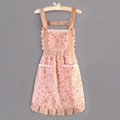Pink apron with daisy floral print, khaki polka dot straps, and lace ruffle details - Strap Floral Princess Style-Double Pocket Pink
