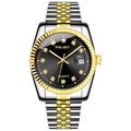 Detailed view of bicolor steel watch with crystal markers, black dial and date window - Large Two-tone Black Dial