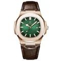 Men's ultra-thin rose gold quartz watch with green dial and brown leather strap - Rose Gold Case Green Dial Leather Strap