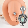 Silver tongue piercer featuring an oval iridescent opal with vintage lace border - Silver Oval Opal