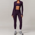 Three-piece seamless yoga set in dark purple with jacket, bra, and high-waisted leggings - S / Jacket + Bra + Leggings / Plum Purple